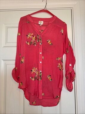 fig and flower Coral-Pink Floral Button-Down Shirt
